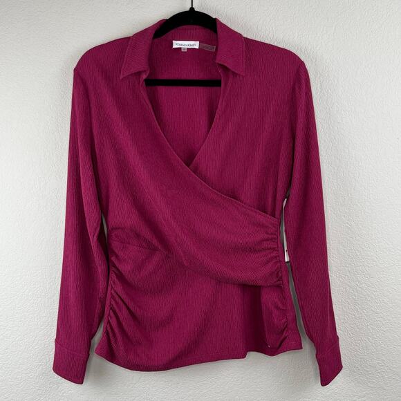 Calvin Klein Mulberry Pink Long Sleeve Surplus V-Neck Ruched Blouse Small NWT - Picture 13 of 14